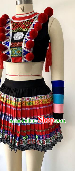 Chinese Guangxi Minority Performance Garment Costumes Yao Nationality Woman Dance Clothing Ethnic Dance Short Dress Uniforms