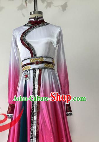 Chinese Ethnic Dance Rosy Dress Uniforms Mongolian Minority Performance Garment Costumes Mongol Nationality Woman Dance Clothing