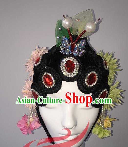 China Classical Dance Hair Accessories Opera Dance Headdress Stage Performance Women Group Dance Wigs Hairpieces