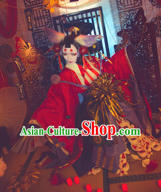 Custom Japanese Queen Kimono Clothing Cosplay Onmyoji Red Dress Halloween Garment Costume