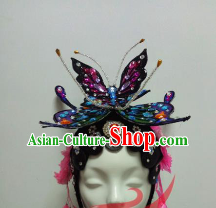 Top China Classical Dance Wigs Chignon Hairpieces Woman Group Dance Purple Butterfly Headdress Opera Dance Hair Accessories