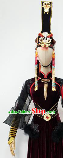 Top China Minority Performance Headwear Mongol Nationality Dance Black Hat Ethnic Wedding Bride Tassel Headdress