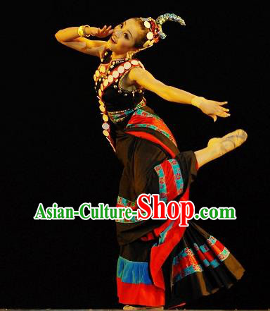 Chinese Ethnic Female Dance Black Dress Uniforms Zang Minority Performance Garment Costumes Tibetan Nationality Folk Dance Clothing