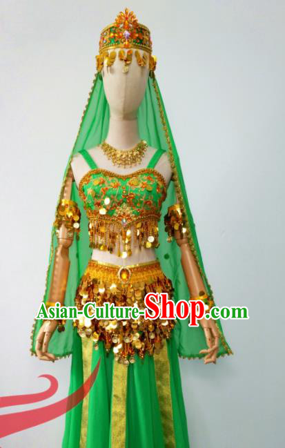 Chinese Uyghur Nationality Folk Dance Clothing Ethnic Female Dance Green Dress Uniforms Minority Arab Performance Garment Costumes