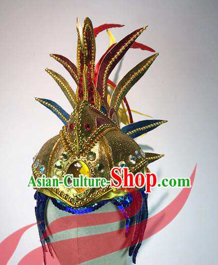 Top China Male Solo Dance Golden Hat Cosplay Sun King Hair Accessories Stage Performance Warrior Headdress