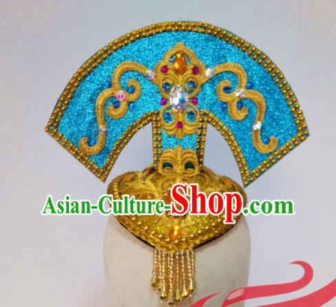 Top China Classical Dance Blue Hair Crown Stage Performance Headdress Female Group Dance Headpiece