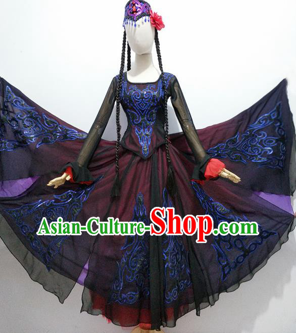 Chinese Uyghur Nationality Folk Dance Clothing Ethnic Female Dress Uniforms Xinjiang Minority Performance Costumes and Hat
