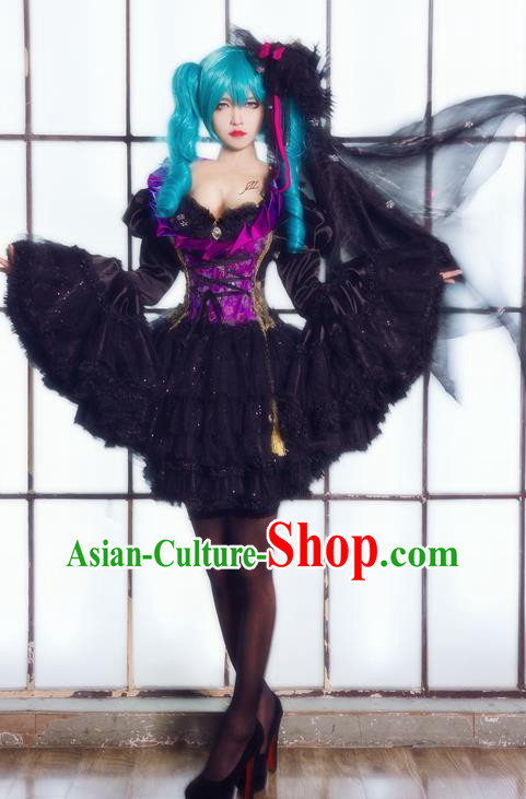 Custom Cosplay Witch Black Short Dress Halloween Fancy Ball Garment Costume Gothic Princess Clothing