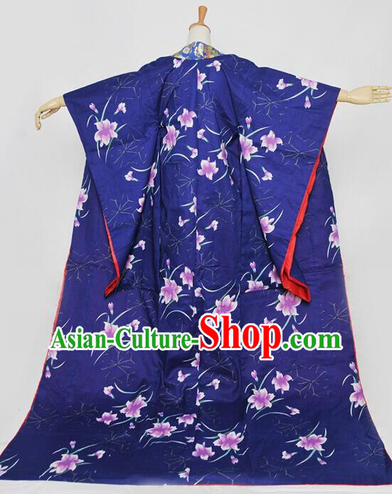 Custom Japan Cosplay Queen Printing Flowers Blue Kimono Dress Courtesan Garment Costume Japanese Geisha Furisode Clothing