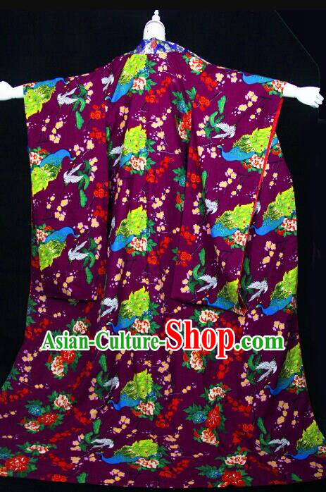 Custom Japanese Courtesan Garment Costume Geisha Furisode Kimono Japan Cosplay Queen Printing Crane Purple Dress Clothing