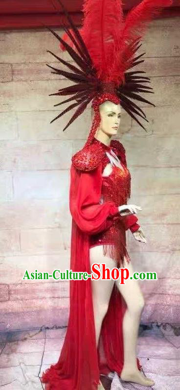 Custom Stage Show Red Feather Hair Accessories Catwalks Luxury Headdress Halloween Performance Hat