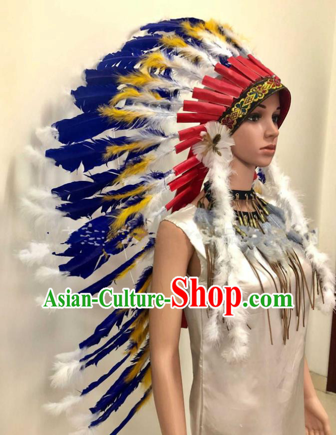 Top Stage Show Giant Hat Halloween Cosplay Indian Tribal Chief Hair Accessories Catwalks Blue Feather Headdress