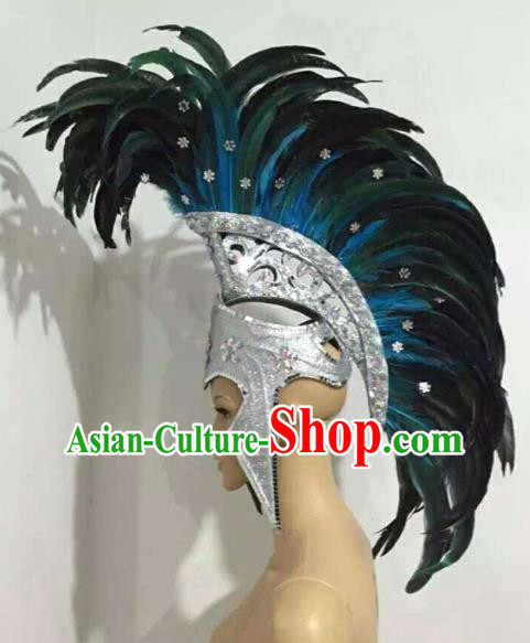 Top Brazil Parade Giant Headdress Catwalks Deluxe Green Feather Hat Carnival Stage Show Headpiece Halloween Cosplay Rome Warrior Hair Accessories