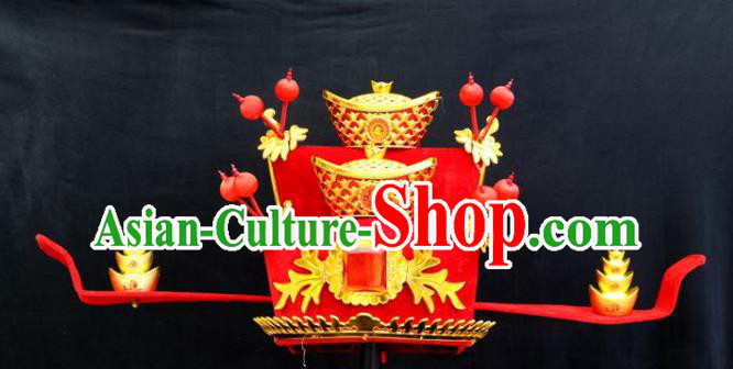 Chinese Beijing Opera Laosheng Headdress Peking Opera Royal Highness Red Hat Ancient Wealth God Headwear