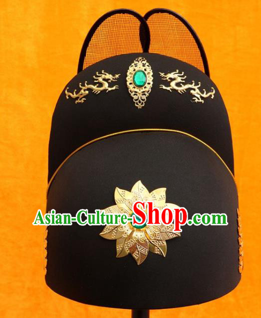 Chinese Peking Opera Emperor Black Hat Ancient Swordsman Headwear Ming Dynasty Imperial Guard Headdress