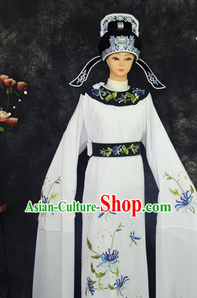 China Peking Opera Xiaosheng Clothing Beijing Opera Young Childe Apparel Shaoxing Opera Scholar Embroidered White Robe