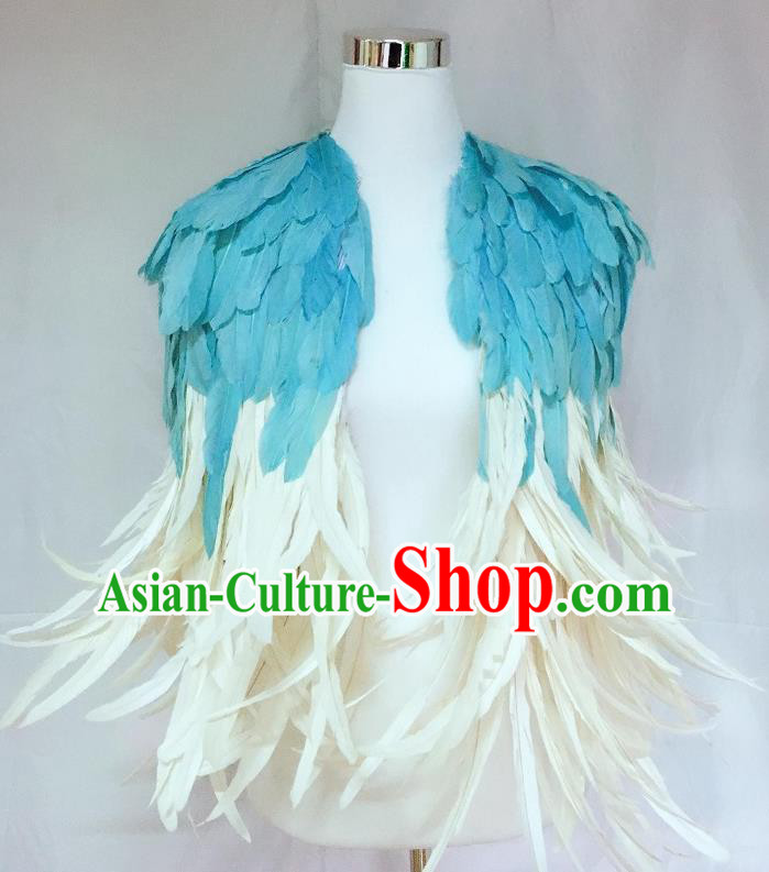 Top Cosplay Queen Cape Stage Show Shoulder Accessories Halloween Catwalks Blue Feather Cappa