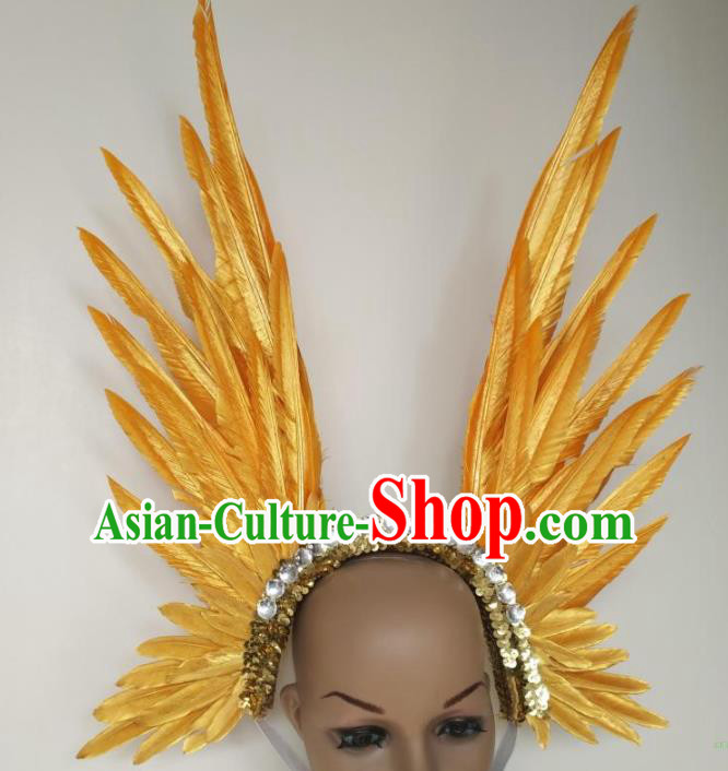 Top Halloween Cosplay Hair Accessories Catwalks Golden Feather Royal Crown Stage Show Headwear Samba Dance Giant Headpiece