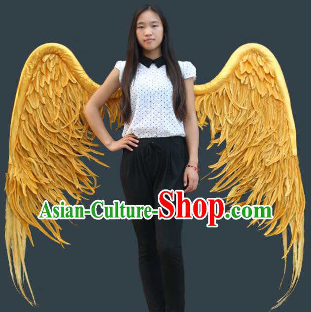 Custom Carnival Parade Yellow Feathers Wings Miami Angel Show Wear Halloween Catwalks Feather Wing Props Opening Ceremony Back Accessories