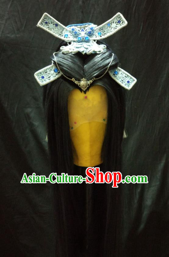 Handmade China Cosplay Swordsman Hairpieces Traditional Puppet Show Young Knight Headdress Ancient Kawaler Black Wigs and Hair Crown