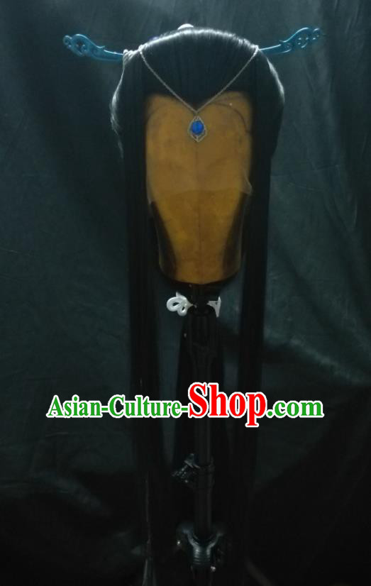 Handmade China Traditional Puppet Show Young Childe Headdress Ancient Kawaler Black Wigs and Hair Crown Cosplay Swordsman Hairpieces