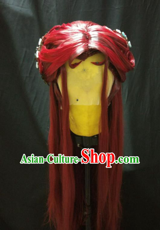 Chinese Cosplay Demon Princess Hair Accessories Traditional Puppet Show Swordswoman Red Wigs and Hair Sticks Ancient Heroine Hairpieces