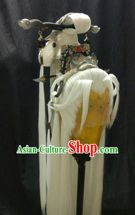 Handmade China Cosplay Immortal Hairpieces Traditional Puppet Show Jun Fengtian Headdress Ancient Taoist Priest White Wigs and Hair Crown