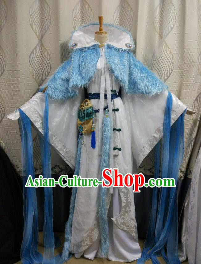 Chinese Ancient Taoist Priest White Robe Uniforms Traditional Cosplay King Clothing Puppet Show Swordsman Garment Costumes