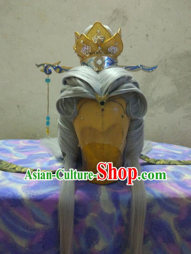 Handmade China Ancient Swordsman Gray Wigs and Lotus Hair Crown Cosplay Taoist Priest Hairpieces Traditional Puppet Show Su Huanzhen Headdress