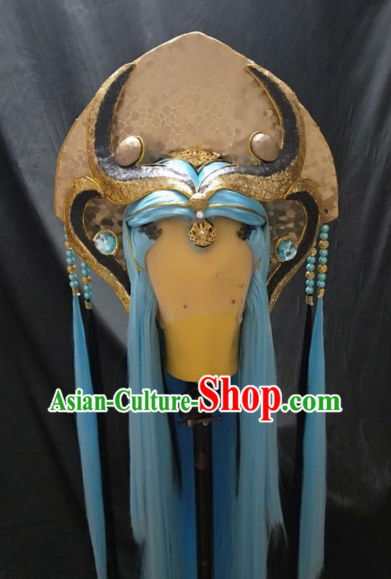 Handmade China Traditional Puppet Show Immortal Headdress Ancient Taoist Priest Blue Wigs and Hair Crown Cosplay Swordsman Hairpieces