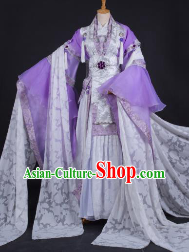 China Ancient Swordswoman Clothing Cosplay Fairy Purple Dress Outfits Traditional Puppet Show Princess Feng Cailing Garment Costumes