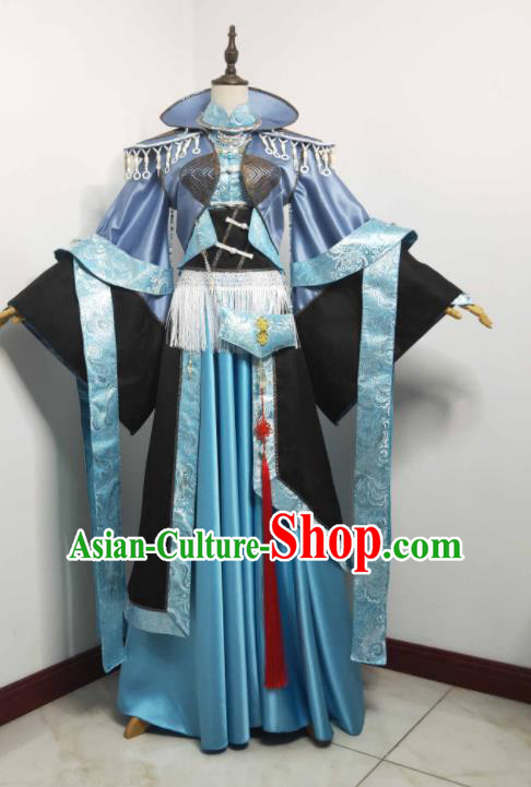 China Cosplay Young Beauty Blue Dress Outfits Traditional Puppet Show Swordswoman Garment Costumes Ancient Queen Clothing