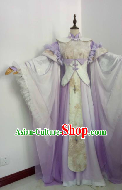 China Ancient Princess Clothing Cosplay Young Beauty Lilac Dress Outfits Traditional Puppet Show Goddess Garment Costumes