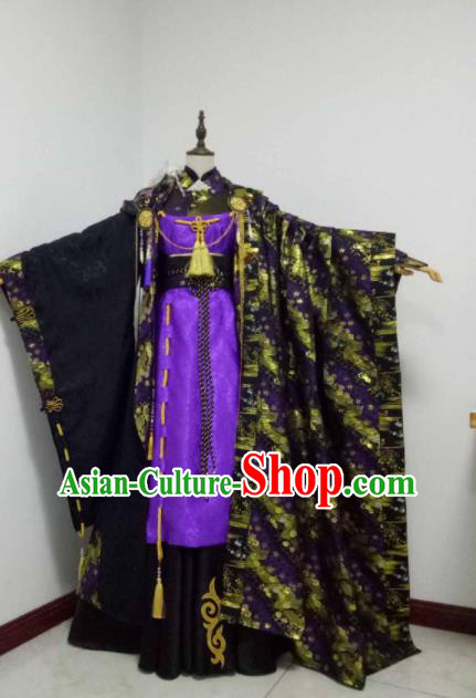 China Ancient Imperial Concubine Clothing Cosplay Queen Purple Dress Outfits Traditional Puppet Show Swordswoman Garment Costumes