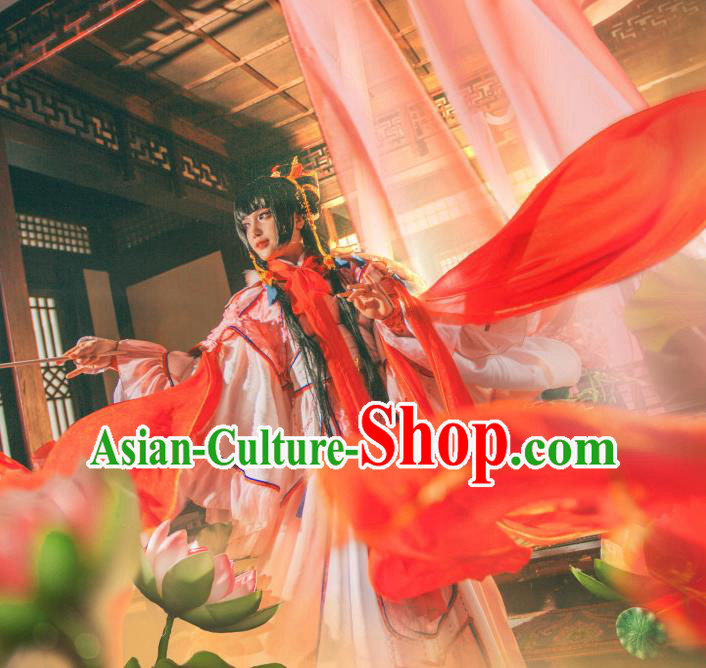 China Traditional Puppet Show Swordswoman Feng Cailing Garment Costumes Ancient Fairy Princess Clothing Cosplay Female Knight Pink Dress Outfits