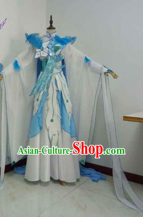 China Cosplay Bird Fairy Blue Dress Outfits Traditional Puppet Show Princess Garment Costumes Ancient Goddess Clothing
