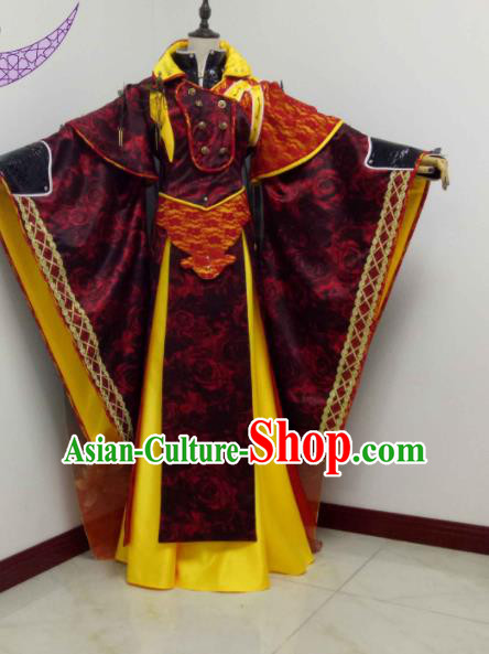 Chinese Ancient Monarch Wine Red Robe Uniforms Traditional Cosplay Swordsman King Clothing Puppet Show Chivalrous Emperor Garment Costumes