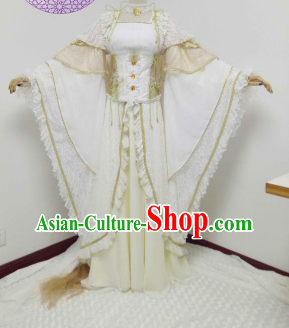 China Ancient Imperial Concubine Clothing Cosplay Goddess Beige Dress Outfits Traditional Puppet Show Empress Garment Costumes
