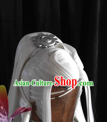 Handmade China Cosplay Taoist Priest White Wigs and Hair Crown Traditional Puppet Show Bie Xiaolou Headdress Ancient Swordsman Hair Accessories