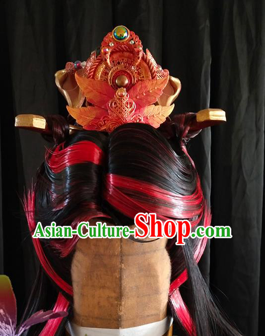 Handmade China Cosplay Royal King Red Wigs and Hair Crown Traditional Puppet Show Monarch Headdress Ancient Swordsman Hairpieces