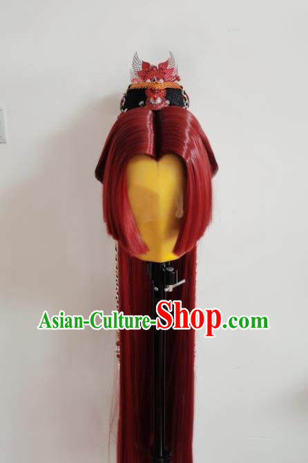 Handmade China Cosplay Hero Red Wigs and Hair Crown Traditional Puppet Show Young Knight Headdress Ancient Swordsman Hairpieces