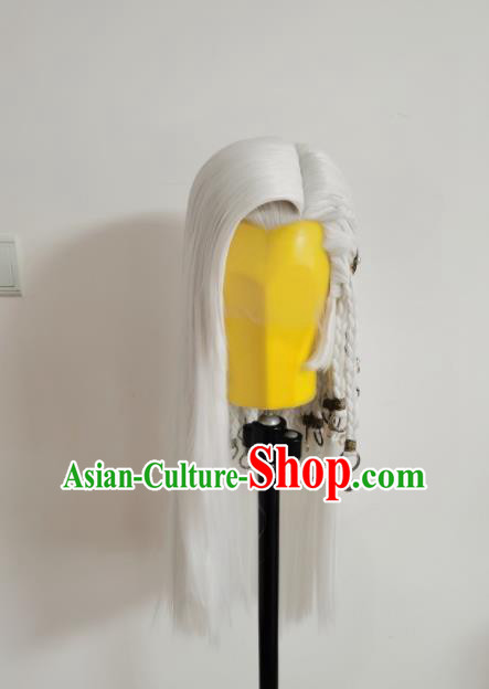 Handmade China Ancient Swordsman Hairpieces Cosplay Taoist Priest White Wigs and Hair Accessories Traditional Puppet Show Qiao Rulai Headdress
