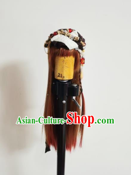 Chinese Ancient Goddess Headdress Traditional Puppet Show Swordswoman Hairpieces Cosplay Female Knight Brown Wigs and Hat