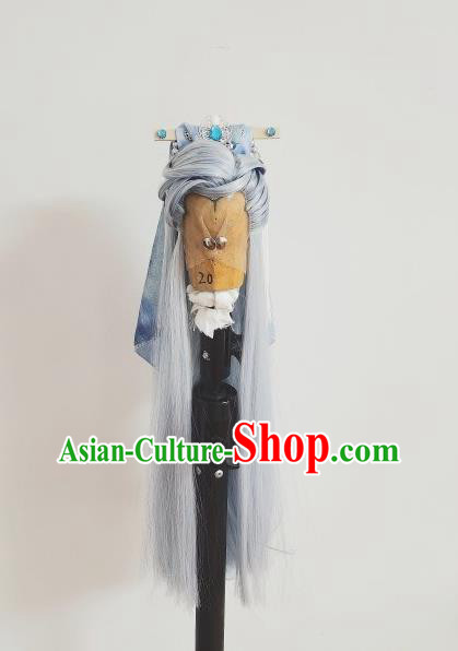 Handmade China Cosplay Taoist Priest Blue Wigs and Hair Crown Traditional Puppet Show Headdress Ancient Young Childe Hairpieces
