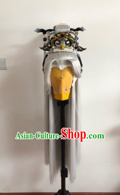 Handmade China Ancient Taoist Priest Hairpieces Cosplay Swordsman Gray Wigs and Hair Crown Traditional Puppet Show Jun Fengtian Headdress