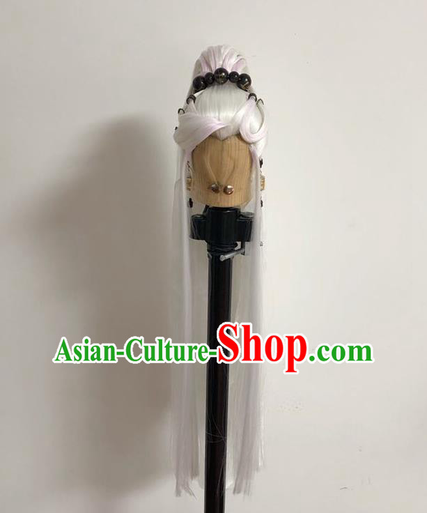 Handmade China Cosplay Emperor White Wigs and Hair Crown Traditional Puppet Show Swordsman Headdress Ancient Taoist Priest Hairpieces