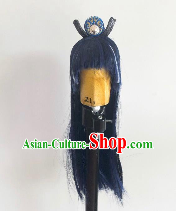 Handmade China Ancient Young Hero Hairpieces Cosplay Knight Blue Wigs and Hair Crown Traditional Puppet Show Swordsman Headdress