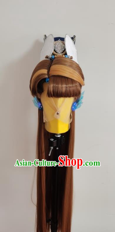 Handmade China Cosplay Swordsman Yellow Wigs and Hair Crown Traditional Puppet Show Yan Qinghan Headdress Ancient Young Hero Hairpieces