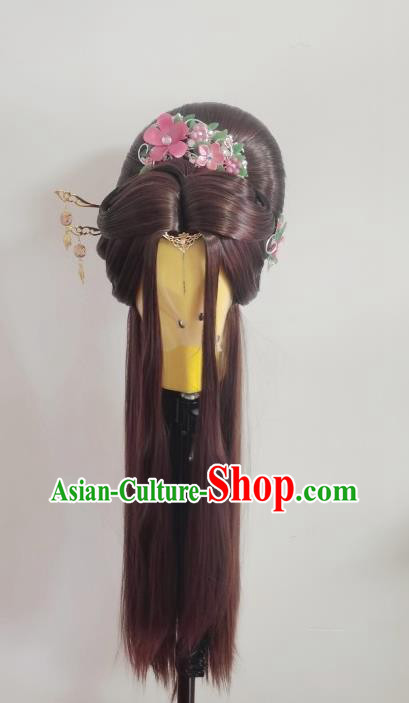 Chinese Traditional Puppet Show Princess Li Jianshi Hairpieces Cosplay Goddess Brown Wigs and Hairpins Ancient Imperial Concubine Headdress
