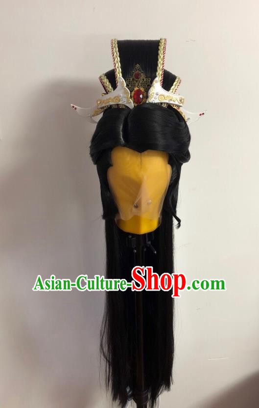 Handmade China Traditional Puppet Show Royal Prince Headdress Ancient King Hairpieces Cosplay Swordsman Mo Lisao Black Wigs and Hair Crown
